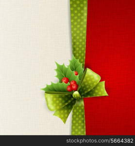 Vector Christmas card with green polka dots bow and holly