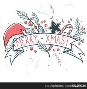 Vector Christmas card with hand drawn attributes of the holiday