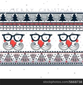 Vector Christmas card with hipster Santa and abstract Christmas trees