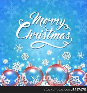 Vector Christmas card with red baubles and greeting inscription on a blue background. Merry Christmas lettering