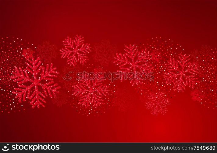 Vector Christmas card with red snowflakes and golden glitter. Vector Christmas card with red snowflakes and glitter