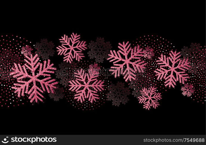 Vector Christmas card with rose gold snowflakes and golden glitter. Vector Christmas card with gold snowflakes and glitter