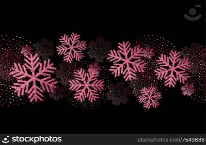 Vector Christmas card with rose gold snowflakes and golden glitter. Vector Christmas card with gold snowflakes and glitter