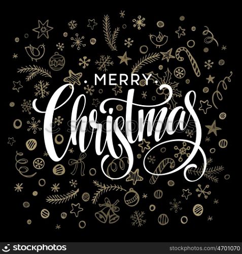 Vector Christmas card with sketch elements. Golden, black and white. Vector illustration EPS10