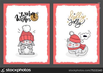 Vector christmas cards with bunny and holly jolly cat. Rabbit with the hat slipped on its eyes sending us Warm Whishes. Lovely kitty dreaming about mouse.. Christmas Cards with Bunny and Holly Jolly Cat