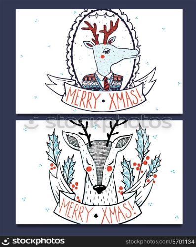 vector Christmas cards with funny and cute reindeers
