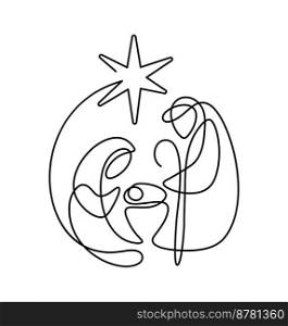 Vector Christmas Christian religious Nativity Scene of baby Jesus with Mary and Joseph and bethlehem star in round frame one line. Logo icon illustration sketch. Doodle hand drawn with black monoline.. Vector Christmas Christian religious Nativity Scene of baby Jesus with Mary and Joseph and star bethlehem in round frame one line. Logo icon illustration sketch. Doodle hand drawn with black monoline