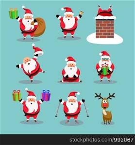 vector christmas collection of cute cartoons of santa claus and red nosed reindeer, rudolph. funny characters for merry christmas and new year illustrations. santa claus skiing, in chimney, with bell
