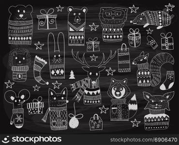 Vector Christmas Doodle Animals drawn on the chalkboard