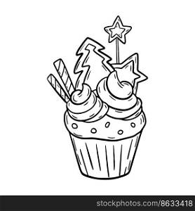 Vector christmas doodle cupcake with cream hand drawn design. Sweet new year dessert with cookies isolated on white background. For print, coloring, logo.. Vector christmas doodle cupcake with cream hand drawn design. Sweet new year dessert with cookies isolated on white background. For print, coloring, logo