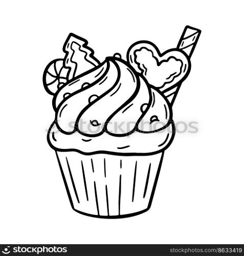 Vector christmas doodle cupcake with cream hand drawn design. Sweet new year dessert with cookies isolated on white background. For print, coloring, logo.. Vector christmas doodle cupcake with cream hand drawn design. Sweet new year dessert with cookies isolated on white background. For print, coloring, logo