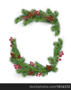 Vector Christmas frame with from realistic branches tree wreath with place for your winter text copy space.. Vector Christmas frame with from realistic branches tree wreath with place for your winter text copy space