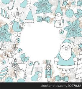 Vector Christmas frame with Santa Claus and deer. Sketch illustration.. Christmas set. Vector sketch illustration.