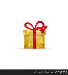 Vector Christmas gift. Vector illustration of a gift with red ribbon, golden box on white background