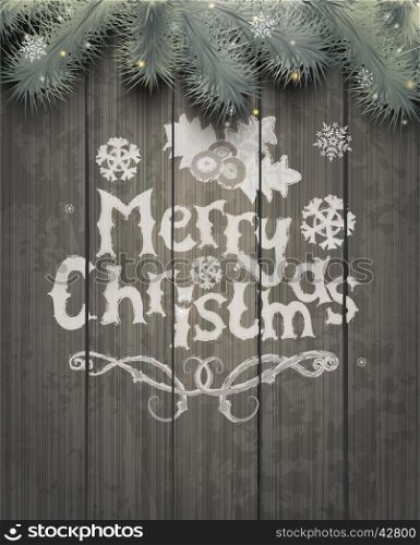 Vector Christmas greeting card - holidays lettering on a grey wooden texture background, vector.