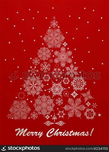 vector christmas greeting card with fir tree made of snowflakes on red bacxkground, fully editable eps 10 file,