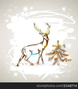 Vector Christmas grunge background with deer and Christmas tree