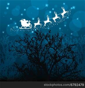 vector christmas holiday background with santa claus, reindeers, stars and trees