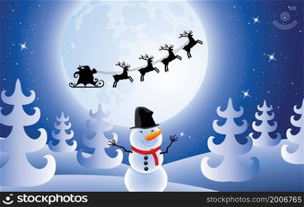 vector christmas holiday background with santa claus, trees and snowman