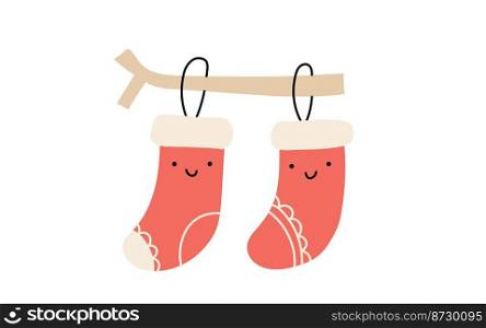 Vector christmas illustration couple of warm knitted happy smilling red socks. Pair of cute patterned elements for winter design. Comfort and warm concept. Doodle minimalism style.. Vector christmas illustration couple of warm knitted happy smilling red socks. Pair of cute patterned elements for winter design. Comfort and warm concept. Doodle minimalism style