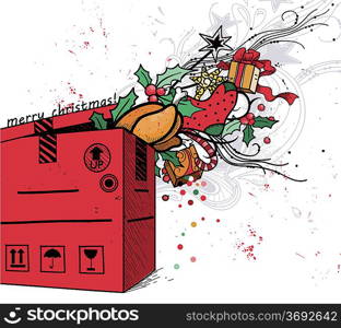 vector christmas illustration of a red box with christmas turkey and colorful gifts