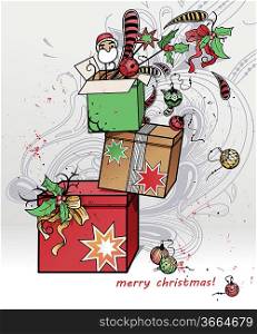 vector christmas illustration of colorful boxes with christmas gifts and decorations