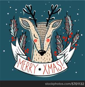Vector Christmas illustration of cute reindeer