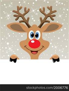 vector christmas illustration of happy red nosed reindeer holding blank paper for your text