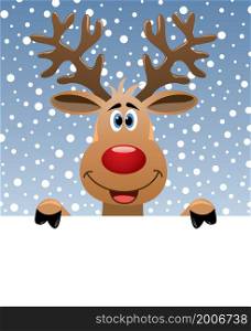 vector christmas illustration of rudolph deer holding blank paper for your text
