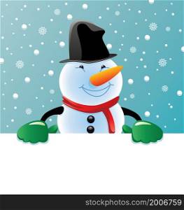 vector christmas illustration of snowman holding blank paper for your text