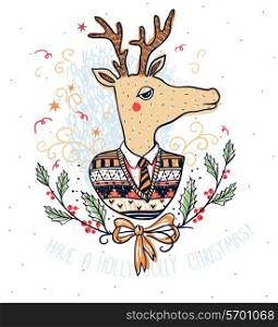 Vector Christmas illustration with cute funny deer