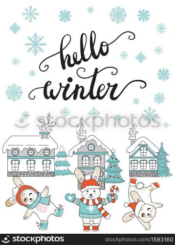 Vector Christmas illustration with winter houses, snowflakes and cute rabbits isolated on white. Lettering Hello Winter. For greeting, invitation, stickers, decor,design, congratulation cards,print. Vector Merry Christmas congratulation rabbits and houses