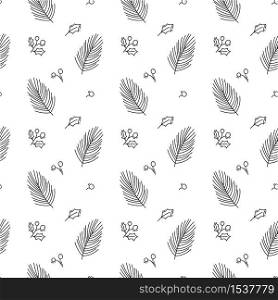 Vector Christmas minimalist monoline scandinavian seamless pattern new year fir tree and leaves. Winter doodle xmas background for children holiday textile, wallpaper.. Vector Christmas minimalist monoline scandinavian seamless pattern new year fir tree and leaves. Winter doodle xmas background for children holiday textile, wallpaper