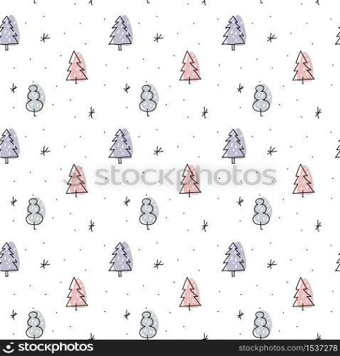 Vector Christmas minimalist monoline scandinavian seamless pattern new year fir tree and snow. Winter doodle xmas background for children holiday textile, wallpaper.. Vector Christmas minimalist monoline scandinavian seamless pattern new year fir tree and snow. Winter doodle xmas background for children holiday textile, wallpaper