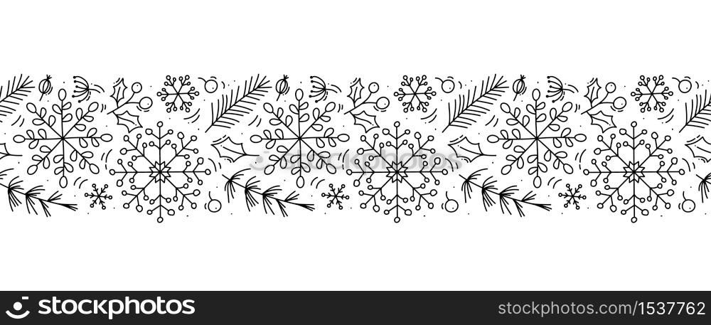 Vector Christmas monoline scandinavian seamless pattern new year fir tree and leaves. Winter doodle xmas background for children holiday textile, wallpaper.. Vector Christmas monoline scandinavian seamless pattern ornament new year fir tree and leaves. Winter doodle xmas background for children holiday textile, wallpaper