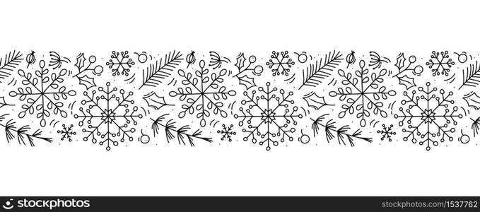 Vector Christmas monoline scandinavian seamless pattern new year fir tree and leaves. Winter doodle xmas background for children holiday textile, wallpaper.. Vector Christmas monoline scandinavian seamless pattern ornament new year fir tree and leaves. Winter doodle xmas background for children holiday textile, wallpaper