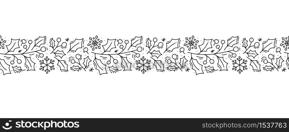 Vector Christmas monoline scandinavian seamless pattern new year fir tree and leaves. Winter doodle xmas background for children holiday textile, wallpaper.. Vector Christmas monoline scandinavian seamless pattern ornament new year fir tree and leaves. Winter doodle xmas background for children holiday textile, wallpaper