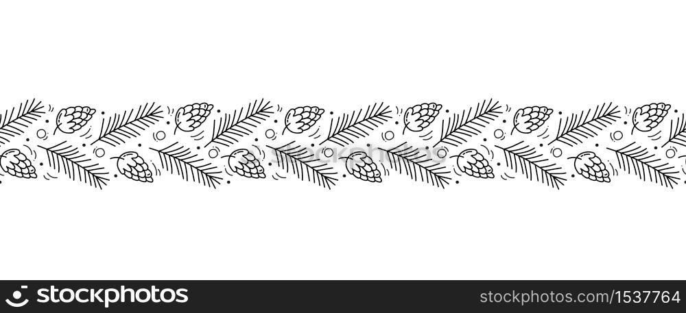 Vector Christmas monoline scandinavian seamless pattern new year fir tree and leaves. Winter doodle xmas background for children holiday textile, wallpaper.. Vector Christmas monoline scandinavian seamless pattern ornament new year fir tree and leaves. Winter doodle xmas background for children holiday textile, wallpaper