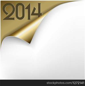 Vector Christmas New Year Card - Sheet of golden paper with a curl showing 2014