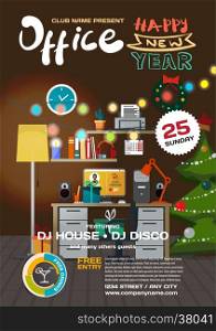 Vector christmas party invitation disco style in office. Template posters or flyers