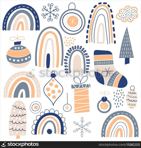 Vector Christmas Pattern with boxies, toys, rainbow, fir trees, socks, etc. Childish naive scandinavian style. Design Elements set