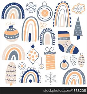 Vector Christmas Pattern with boxies, toys, rainbow, fir trees, socks, etc. Childish naive scandinavian style. Design Elements set