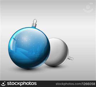 Vector Christmas realistic baubles with snowy landscape