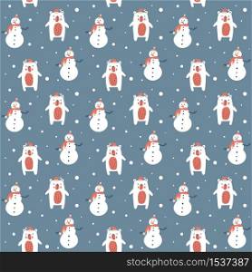 Vector Christmas seamless pattern of snowman and cute white bear. Winter background design for fabric textile, web wall, greeting card.. Vector Christmas seamless pattern of snowman and cute white bear. Winter background design for fabric textile, web wall, greeting card