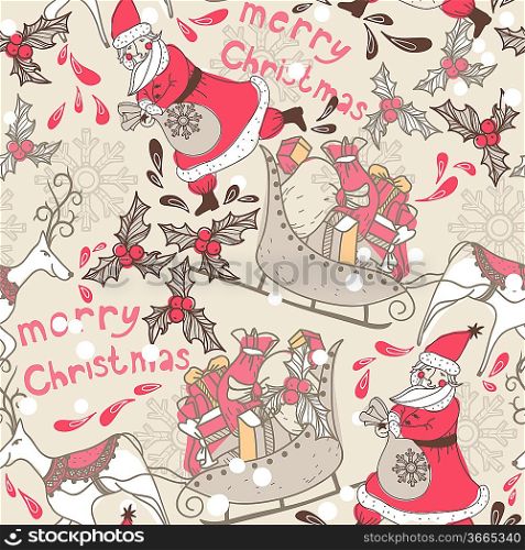 vector Christmas seamless pattern with Christmas deers and Santa Claus