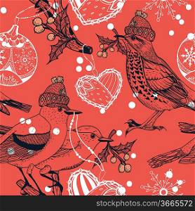 vector Christmas seamless pattern with vintage birds