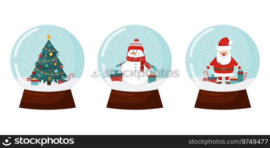 Vector Christmas snowballs set isolated on white. Santa Claus with presents, christmas tree, snowman. Winter Holidays snowballs with snowflakes.