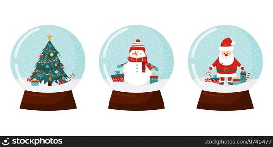Vector Christmas snowballs set isolated on white. Santa Claus with presents, christmas tree, snowman. Winter Holidays snowballs with snowflakes.