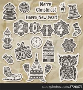 Vector Christmas stickers design elements:fir tree, ball, bell, sock, mitten, snowman, champagne with glasses, house, sledge, owl, clock, and snowflakes on crumpled paper texture, transparency effects