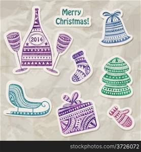 Vector Christmas stickers with watercolordrawings: sock, mitten, fir tree, bell, sledge, box, and bottle with glasses, crumpled paper texture, transparency effects
